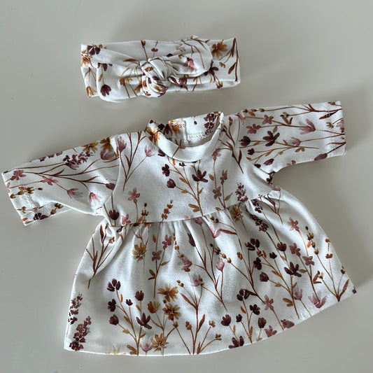 Poppenkleding | 2 delig setje | jurk haarband bruine bloemen